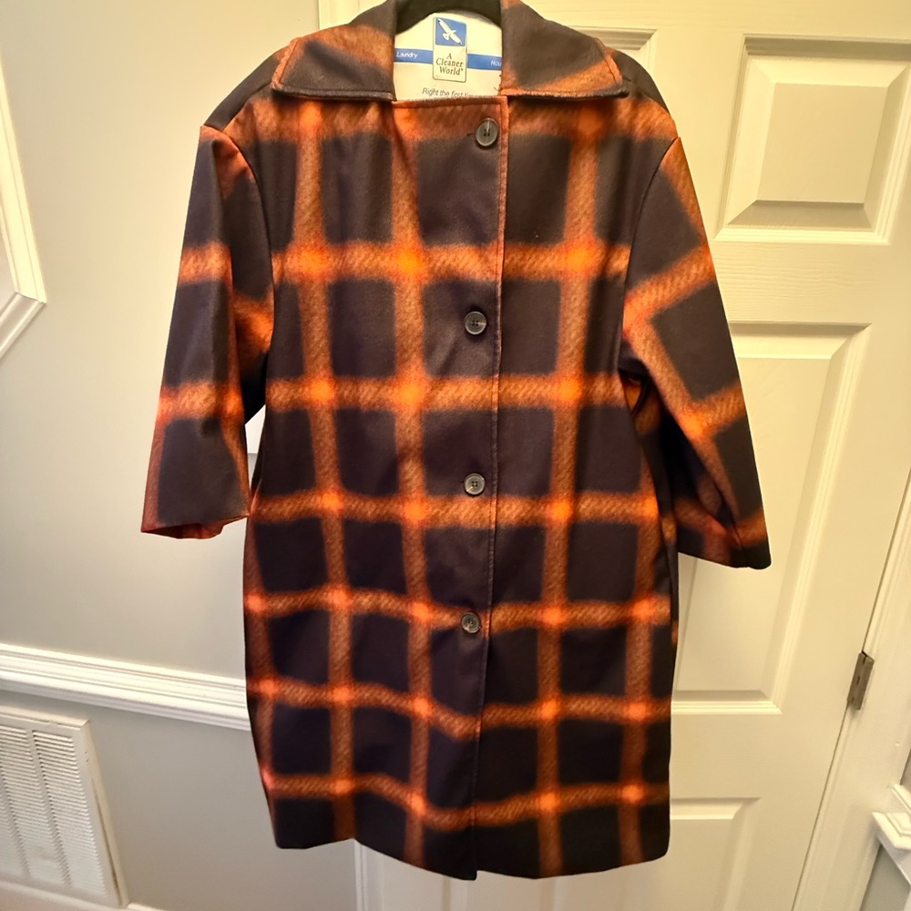 Elegant Plaid Pea Coat - Black and Orange